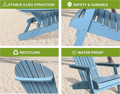 Folding Adirondack Chairs Set, Solid Wood Outdoor Chairs with Wide Armrests, Turquoise Grey, 250 Lbs Capacity