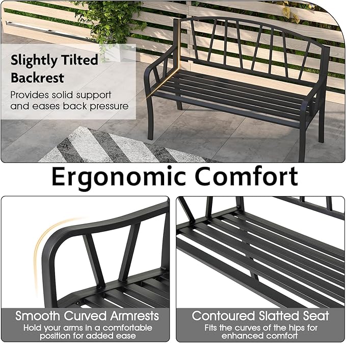 Giantex Garden Bench for Outside 51 Inch, Outdoor Bench with Metal Frame, Patio Metal Bench with Backrest, Armrests and Slatted Seat for Park, Porch, Backyard, 660 lbs Max Load, Black