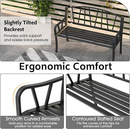 Giantex Garden Bench for Outside 51 Inch, Outdoor Bench with Metal Frame, Patio Metal Bench with Backrest, Armrests and Slatted Seat for Park, Porch, Backyard, 660 lbs Max Load, Black