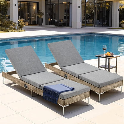 HOMREST Outdoor Chaise Lounge Chair Set of 2, Rattan Pool Sunbathing Recliner with Adjustable Backrest, Patio Wicker Lounge Chairs with Removable Cushion (Grey)