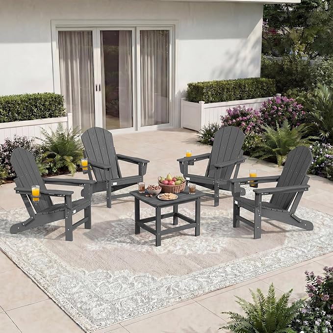 Mdeam 3-Level Adjustable Adirondack Chair, Wooden Textured, HDPE All-Weather Folding Fire Pit Chair with Cup Holder, Outdoor Chair for Poolside Deck Patio Garden Backyard Lawn Campfire - Grey