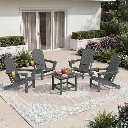 Mdeam 3-Level Adjustable Adirondack Chair, Wooden Textured, HDPE All-Weather Folding Fire Pit Chair with Cup Holder, Outdoor Chair for Poolside Deck Patio Garden Backyard Lawn Campfire - Grey
