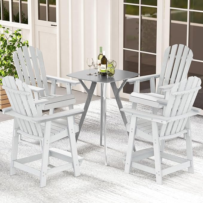 Giantex Tall Adirondack Chair Set of 4, HDPE Outdoor Bar Stools with Armrests, 4.5” Wide Footrest, Patio Adirondack Barstools, All-Weather Balcony Chairs for Poolside, Garden, Backyard (White)
