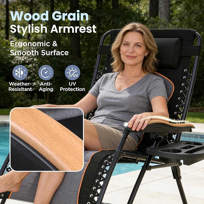 PHI VILLA XXL Oversized Padded Zero Gravity Chair Set of 2, Foldable Patio Recliner, 30" Wide Seat Anti Gravity Lounger with Armrest and Cup Holder, Support 400 LBS (Black & Orange Accents)