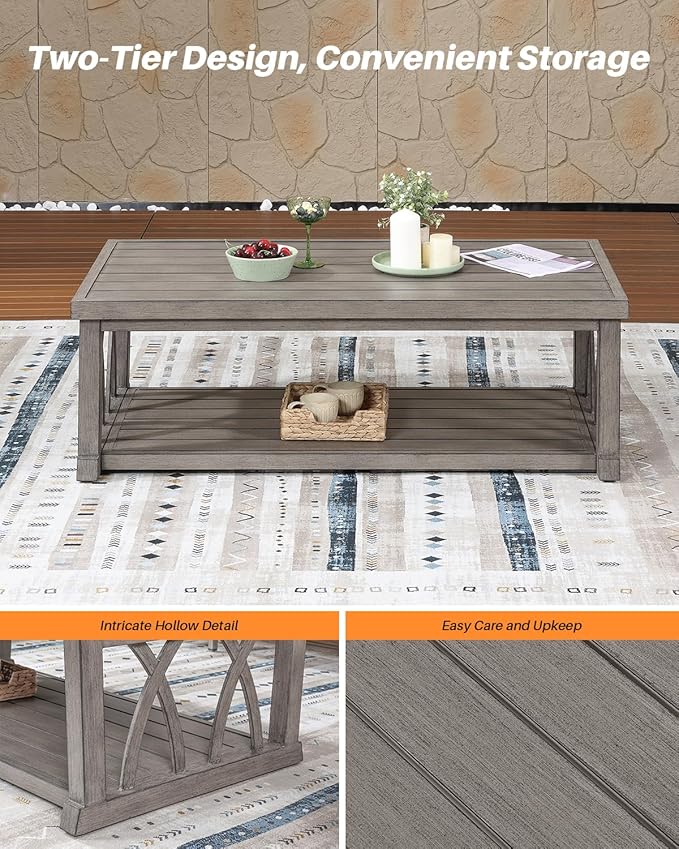 Aluminum Outdoor Coffee Table, 46" Rectangular Patio Coffee Table with Double Storage - Photo 7