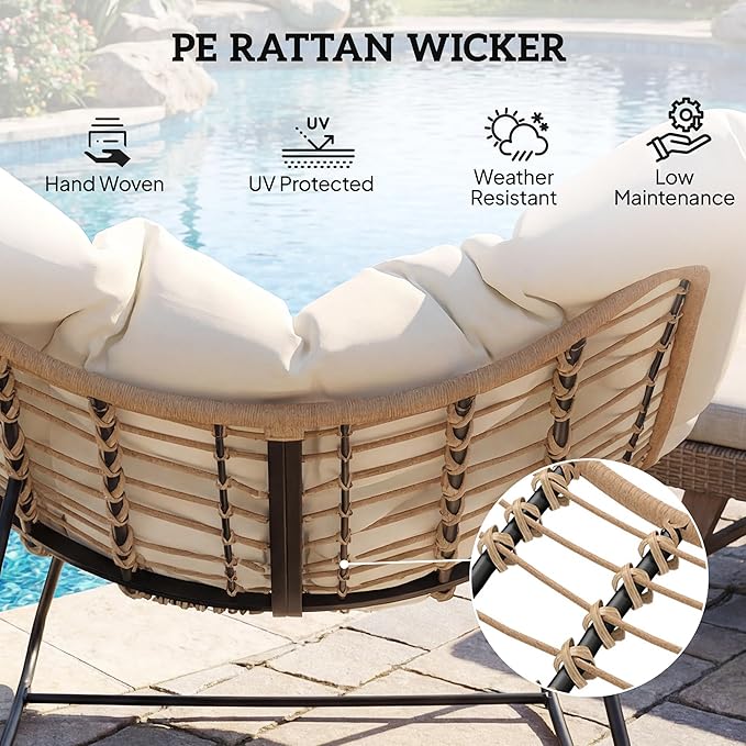 Outsunny Papasan Rocking Chair, Wicker Oversized Indoor Outdoor Rocking Chair with Cushion, PE Rattan Padded Outdoor Rocker Egg Chairs for Living Room, Garden, Patio, Balcony, Beige