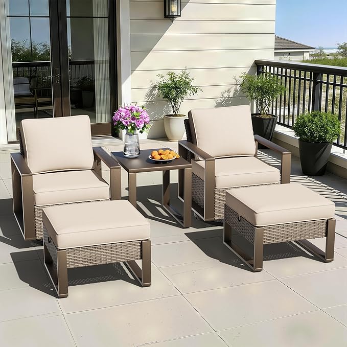 5 Pieces Metal Wicker Patio Furniture Set - 2 Swivel Rocker Chairs and 2 Ottomans, 1 Side Table - Photo 1