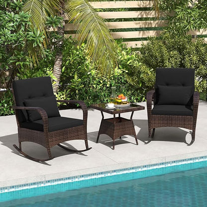ORALNER 3 Pieces Patio Furniture Set, Outdoor Wicker Rocking Chairs with Cushions, Pillows, Glass Coffee Table, Rattan Bistro Rocker Set for Balcony Front Porch Poolside Garden Deck Yard (Black)