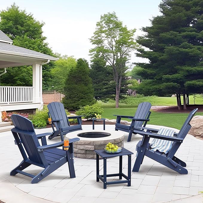 ATR ART TO REAL Folding Adirondack Chairs, HDPE Weather Resistant Outdoor Firepit Chairs with Cup Holder, Patio Folding Chairs for Garden, Lawn, Backyard, Deck, Fire Pit(Navy Blue)