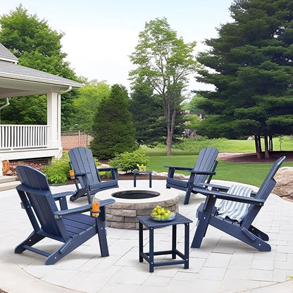 ATR ART TO REAL Folding Adirondack Chairs, HDPE Weather Resistant Outdoor Firepit Chairs with Cup Holder, Patio Folding Chairs for Garden, Lawn, Backyard, Deck, Fire Pit(Navy Blue)