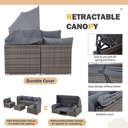 Vicluke 6 Pieces Patio Furniture Sets Outdoor Sectional Sofa Set Rattan Daybed with Retractable Canopy, Adjustable Backrest, Storable Tea Table Rectangle Sunbed for Backyard Garden Poolside(Grey)