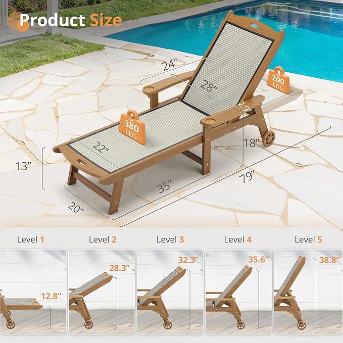 LUE BONA Chaise Lounge Chair Outdoor Set of 4, HDPS and HDPE Wicker Material - Photo 3