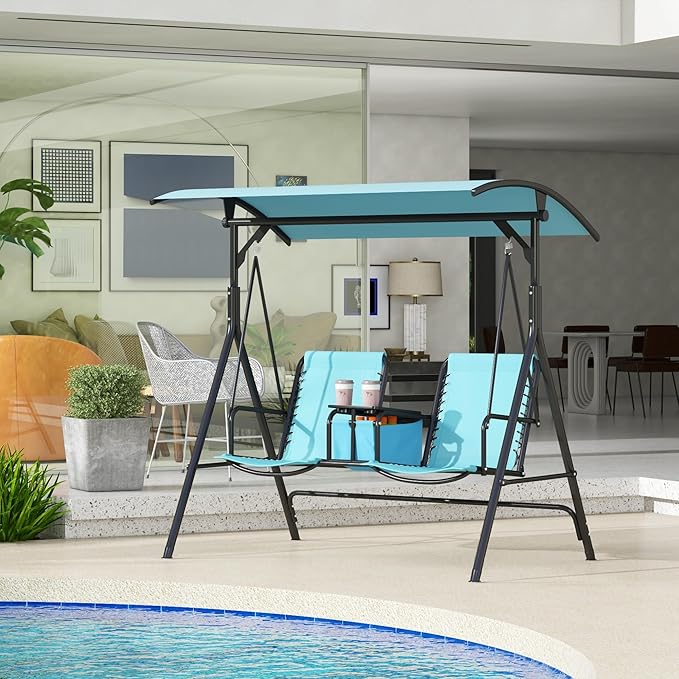 Outsunny 2-Seat Patio Swing Chair, Outdoor Canopy Swing Glider with Pivot Storage Table, Cup Holder, Adjustable Shade - Photo 2