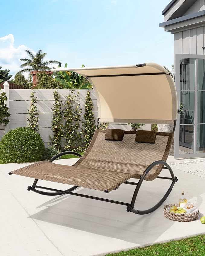 Crestlive Products Outdoor Double Chaise Lounge Chair with Canopy & Wheels, 2 Person Patio Rocking Lounge Chair with Headrests & Sun Shade for Backyard, Poolside, Garden (Brown)