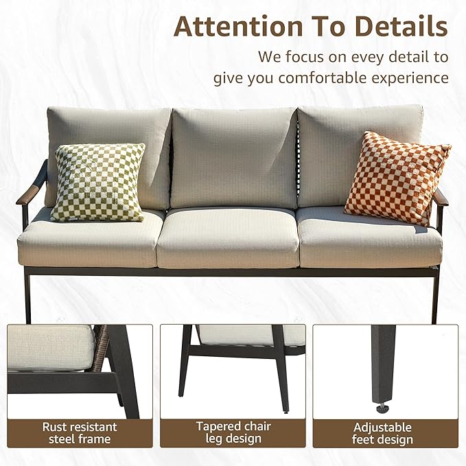 NATURAL EXPRESSIONS Patio Sofa Outdoor Furniture Metal Chair with Wicker Backrest & 6 Inches Cushion for Indoor - Photo 5
