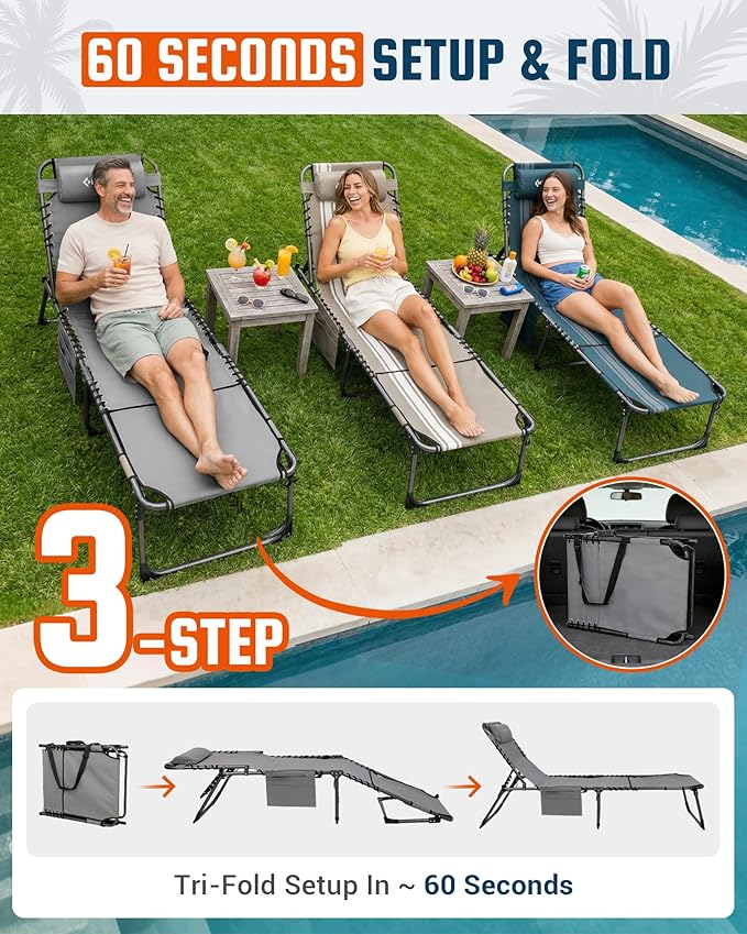 KingCamp Lounge Chair with face Hole, 400LBS Tanning Chairs for Outside, Adjustable 5-Position Beach Lounge Chairs Folding Sun Tanning Chair for Outside Beach Patio Sun Bathing Pool Backyard