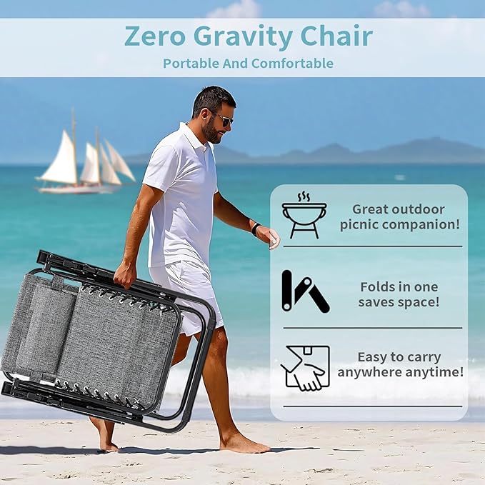 Zero Gravity Chairs Set of 2, Reclining Camping Chair with Adjustable Pillow and Cup Holder Trays, Reclining Folding Outdoor Chairs for Poolside Backyard and Beach (Gray-2)