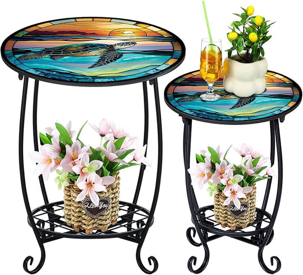 2 Pcs Outdoor Side Table Small Patio Round Mosaic Accent End Table Indoor Plant Metal Coffee Tea Tables for Patio Yard - Photo 1