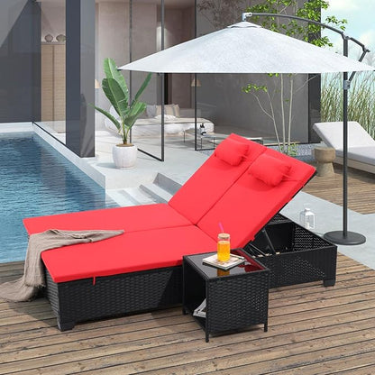 Outdoor Patio PE Wicker Chaise Lounge Chairs Set of 3 Patio Black Rattan Reclining Chair Adjustable Backrest Pool Sunbathing Recliners with Table (Red)