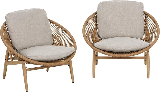 Merax Outdoor Wicker Papasan Chair Set of 2, Rattan Patio Papasan Egg Lounge Chair with Cozy Cushion, Low Seat Round Chair for Backyard Balcony Garden Poolside, All-Weather, Easy Assembly, Beige