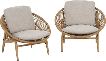 Merax Outdoor Wicker Papasan Chair Set of 2, Rattan Patio Papasan Egg Lounge Chair with Cozy Cushion, Low Seat Round Chair for Backyard Balcony Garden Poolside, All-Weather, Easy Assembly, Beige