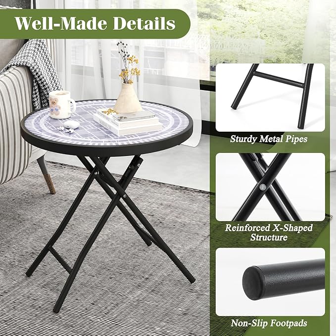 Giantex Folding Outdoor Side Table with Tempered Glass Tabletop & Metal Frame, Portable 18” Round End Table for Patio - Photo 8