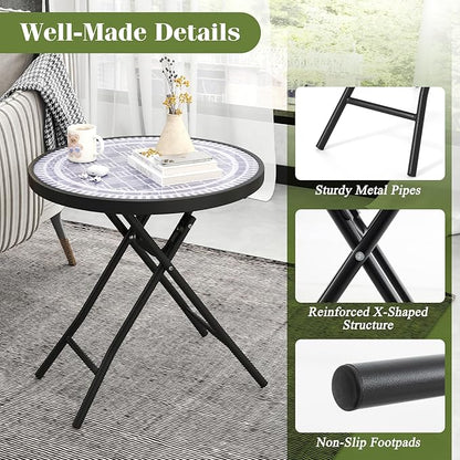 Giantex Folding Outdoor Side Table with Tempered Glass Tabletop & Metal Frame, Portable 18” Round End Table for Patio, Sofa Side, Yard, Porch, Poolside Living Room, Grey