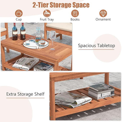 Tangkula Wood Outdoor Coffee Table, 2-Tier Patio Coffee Table with Slatted Hardwood Tabletop & Storage Shelf, Rectangle Wood Table for Deck, Garden, Balcony, Indoor or Outdoor Use (Natural)