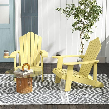 Tangkula Oversized Adirondack Chair, Patio Lounge Chairs w/Adjustable Cup Holder, HIPS Armchairs Slatted Chair, Outdoor Weather Resistant Fire Pit Chair for Deck Backyard Garden Porch (2, Yellow)
