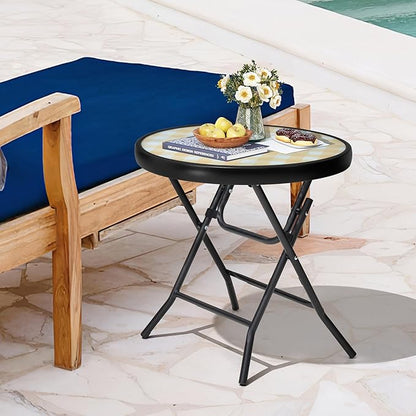 Foldable Side Table with Tempered Glass Top 18" Outdoor Folding Side Tables Small Glass Patio Table for Porch Yard Balcony Deck Lawn Dining Garden (Yellow)