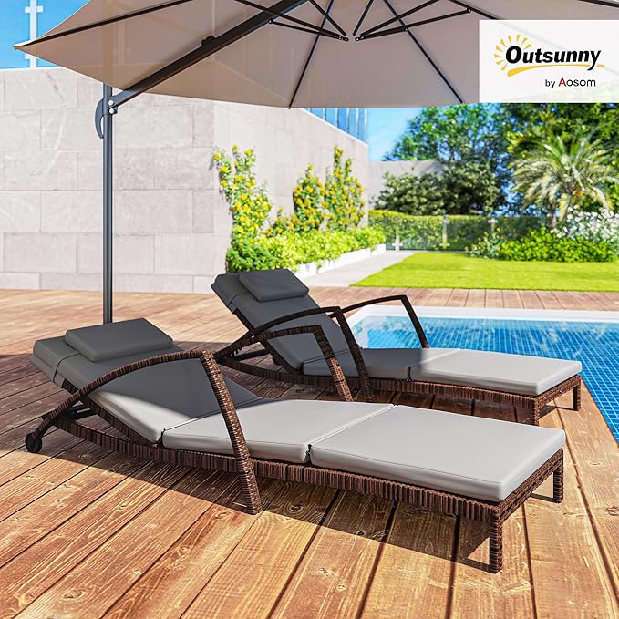Outsunny Wicker Chaise Lounge Chair Outdoor Set of 2, 5-Position Adjustable Reclining Pool Lounge Chairs with Wheels - Photo 2