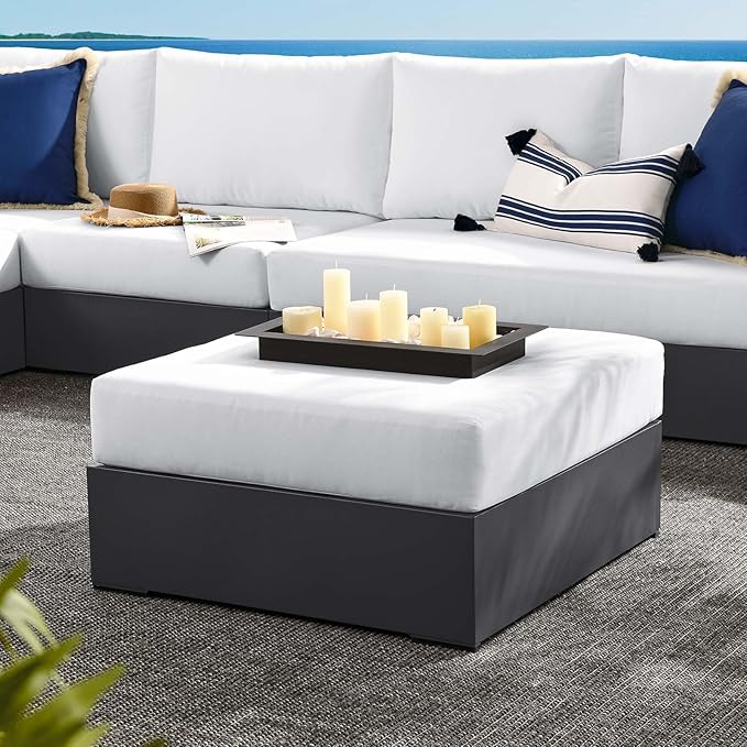 Modway Tahoe Aluminum Ottoman in Gray White with Weather-Resistant Cushion-Ideal as Outdoor Footstool - Photo 2
