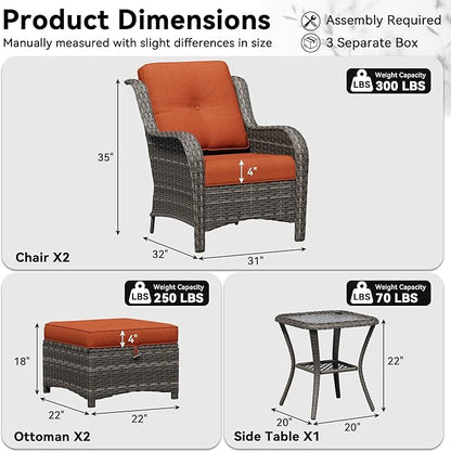 5 Piece Outdoor Wicker Patio Furniture Set, Patio Chairs Set with Thickened Olefin Cushions, High Back and Deep Seating, Hand-Woven PE Rattan, Ottoman for Porch, Deck