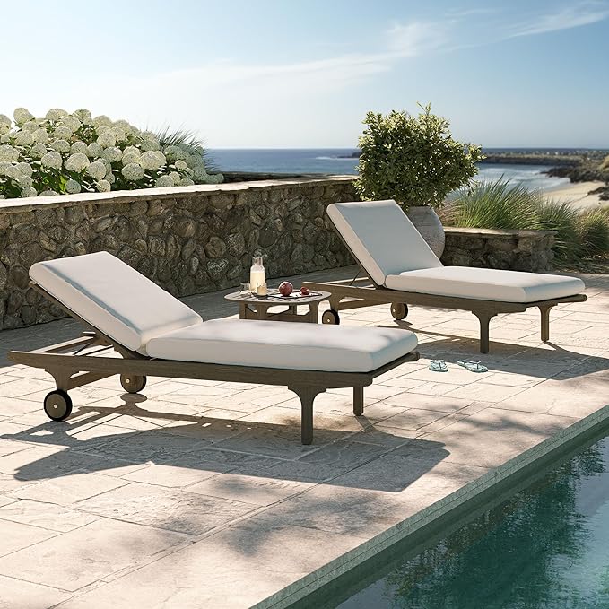 Modway Saratoga Teak Wood Set of 2 Chaise Lounge Chairs and Side Table in Weathered Gray - 3-Piece Outdoor Furniture Set
