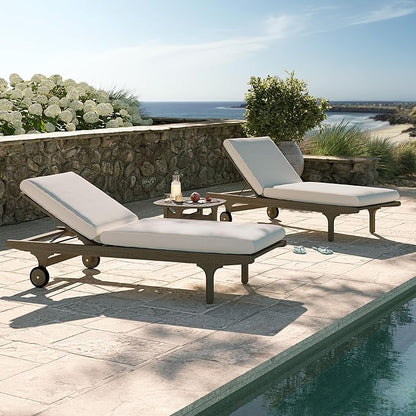 Modway Saratoga Teak Wood Set of 2 Chaise Lounge Chairs and Side Table in Weathered Gray - 3-Piece Outdoor Furniture Set