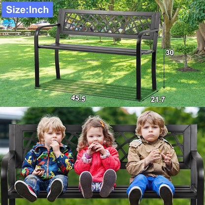 400 lbs Garden Bench, Outdoor Bench with Cast Iron Frame Metal Bench with Black Checkered Design Park Bench Furniture Bench Chair for Garden Patio Front Porch Lawn Balcony Entryway Backyard, Black