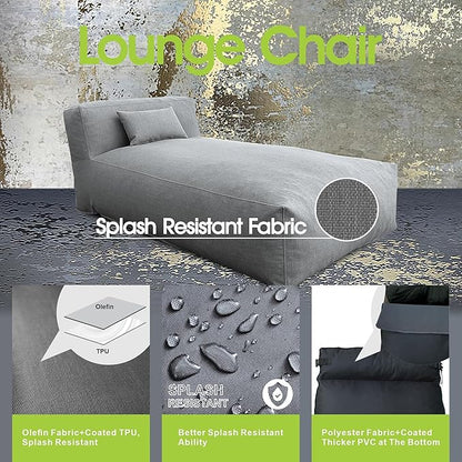 Bean Bag Chaise Lounge Chair Outdoor, Water Resistant Floor Lounge Chairs Foam Filled for Pool & Outside, Patio Day Bed Modern Furniture Set, Comfy Lazy Sofa Couch Bean Bag, Dark Gray