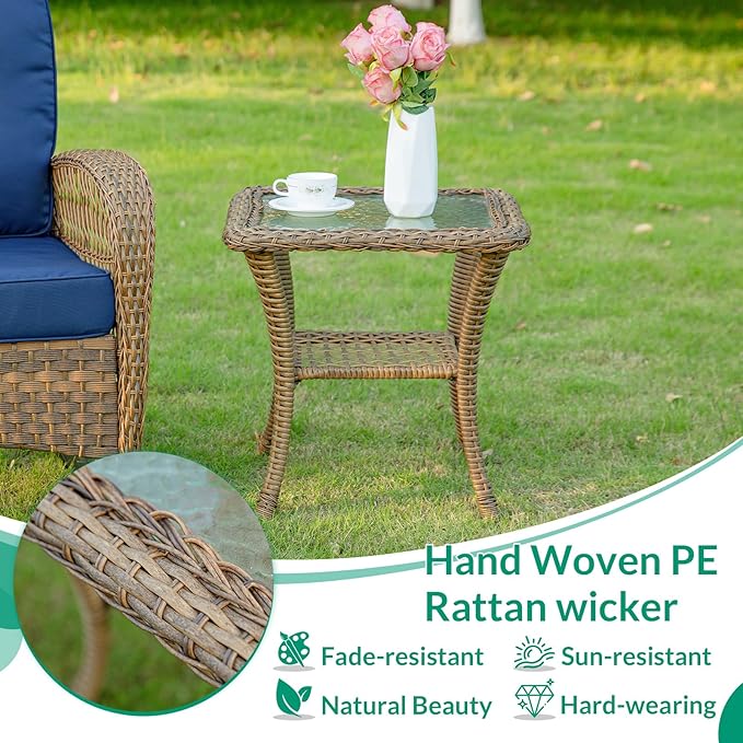 VIVIJASON Outdoor Wicker Side Table, All-Weather Rattan Patio Side Table Bistro Table with 2-Tier Storage, Tempered Glass Top Square End Table for Indoor, Balcony, Garden, Porch, Deck, Brown