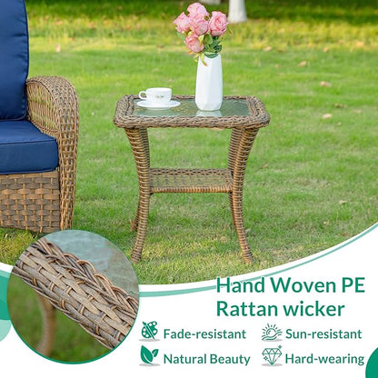 VIVIJASON Outdoor Wicker Side Table, All-Weather Rattan Patio Side Table Bistro Table with 2-Tier Storage, Tempered Glass Top Square End Table for Indoor, Balcony, Garden, Porch, Deck, Brown