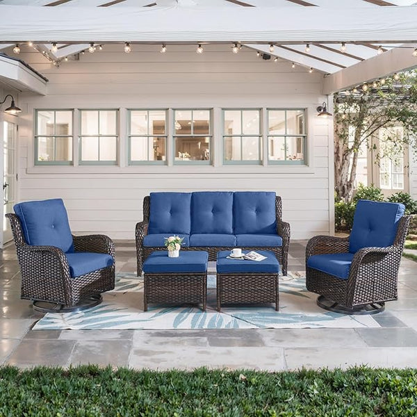 Belord 5 Piece Wicker Patio Furniture Set, Outdoor Swivel Rocker Chairs Set of 2 with Ottomans and 3 Seater Sofa - Photo 1