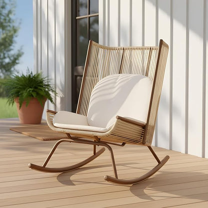 Christopher Knight Home Lumin Outdoor Rocking Chair, High Back PE Rattan Wicker Rocker with Metal Frame, Rocking Chair with Cushion, Comfort Rocker with Ergonomic Design for Patio or Lounge, Beige