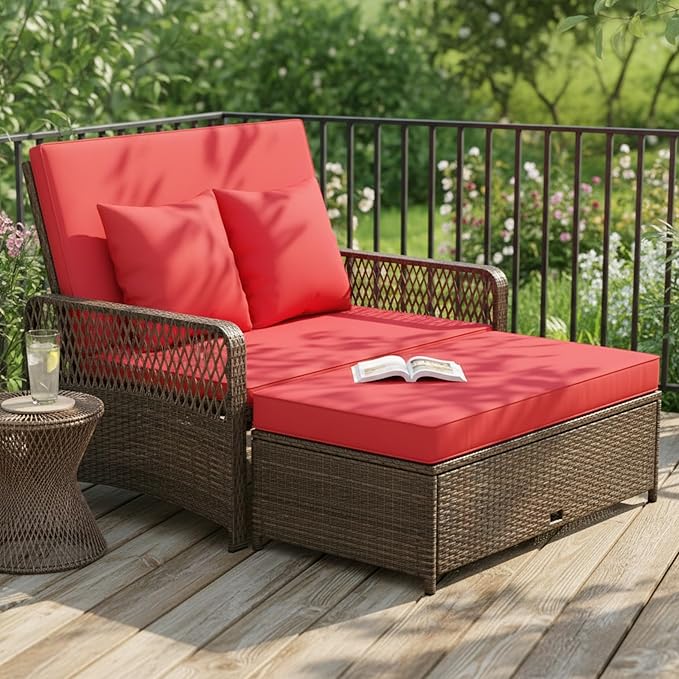 Tangkula Patio Adjustable Wicker Daybed, Rattan Loveseat & Storage Ottoman w/ 4-Level Backrest & Soft Cushions - Photo 2