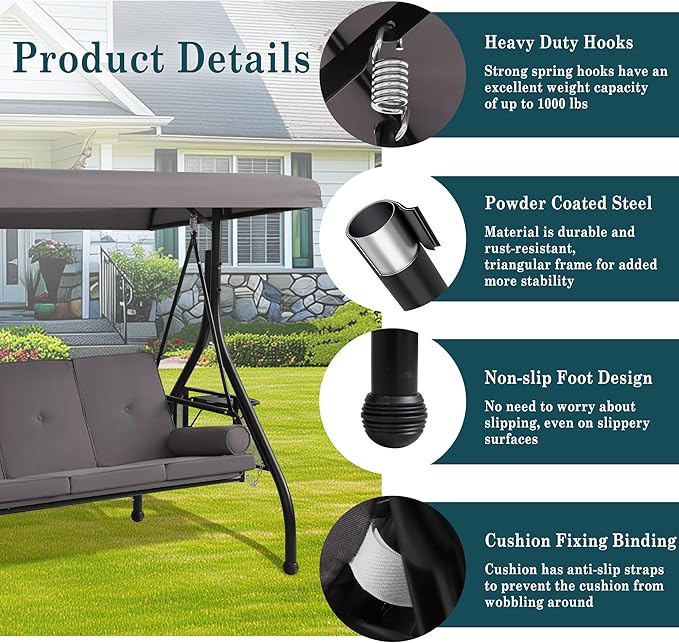 MAGIC UNION 3-Seat Outdoor Patio Swings with Adjustable Cover - Photo 6