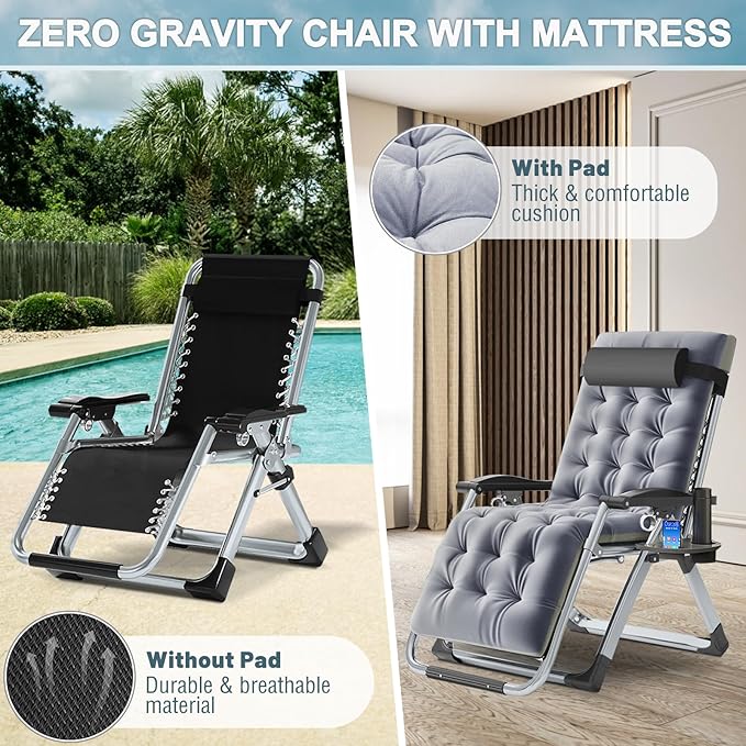 ABORON 2 Pack Zero Gravity Chair, Outdoor Lounge Chairs Sun Loungers with Removable Cushion, Headrest, Cup Holder - Photo 5