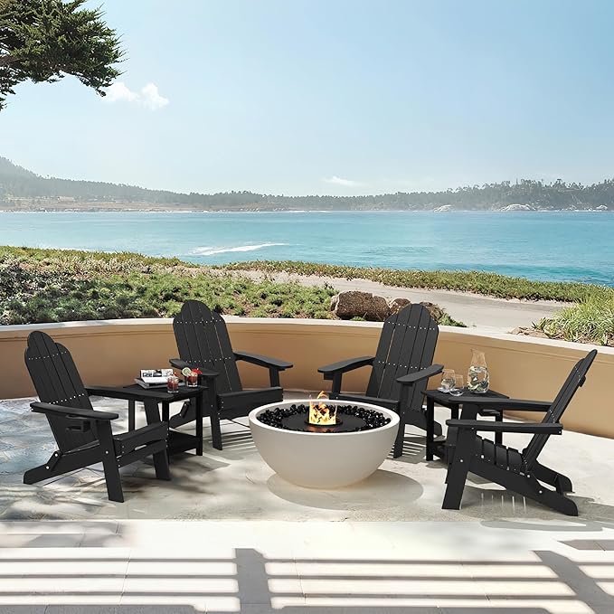 LUE BONA Folding Adirondack Chair Set of 2, Black HDPS Fire Pit Patio Chairs Weather Resistant, Modern Plastic Outdoor Chairs with Cup Holder
