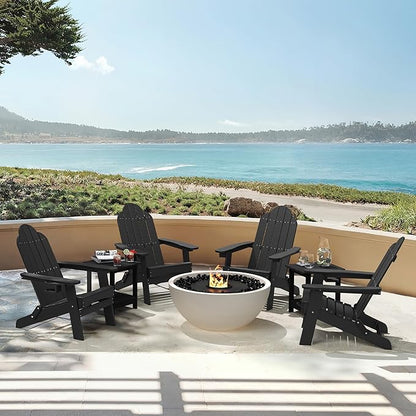LUE BONA Folding Adirondack Chair Set of 4, Black HDPS Fire Pit Patio Chairs Weather Resistant, Modern Plastic Outdoor Chairs with Cup Holder