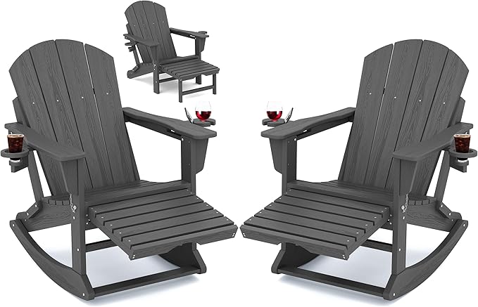 KINGYES Adirondack Rocking Chair Set of 2 with Retractable Ottoman and Cup Holders, HDPE Adirondack Rocker Patio Rocking Chair for Porch, Patio, Balcony, Leaden Grey