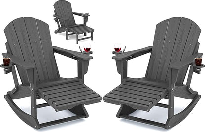 KINGYES Adirondack Rocking Chair Set of 2 with Retractable Ottoman and Cup Holders, HDPE Adirondack Rocker Patio Rocking Chair for Porch, Patio, Balcony, Leaden Grey