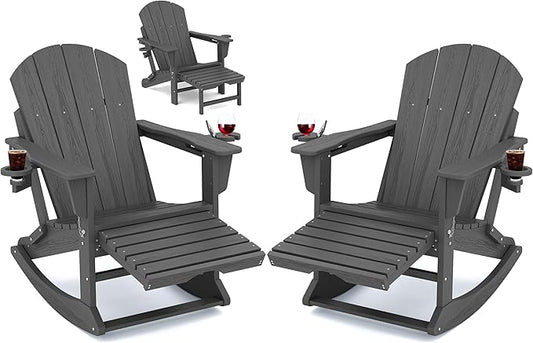 KINGYES Adirondack Rocking Chair Set of 2 with Retractable Ottoman and Cup Holders, HDPE Adirondack Rocker Patio Rocking Chair for Porch, Patio, Balcony, Leaden Grey