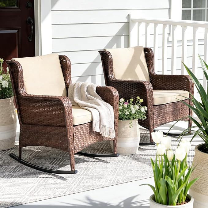 SUNSITT Outdoor Resin Wicker Rocking Chairs with Olefin Cushions, Set of 2, Patio Yard Furniture Club Rocker Chairs, Brown Wicker & Beige Cushions